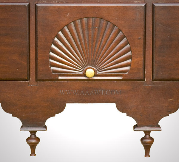 Antique Queen Anne Bonnet Top Highboy, Connecticut, Circa 1770, carved drawer and drop finials detail